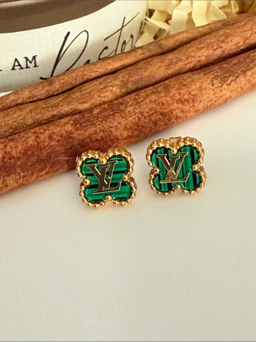 Green Gold-Trim Clover Stud Earrings
